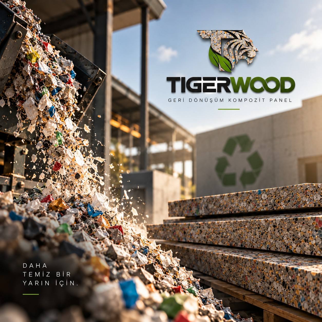 Ambalaj atıklarından preslenmiş, istiflenmiş TIGERWOOD kompozit paneller