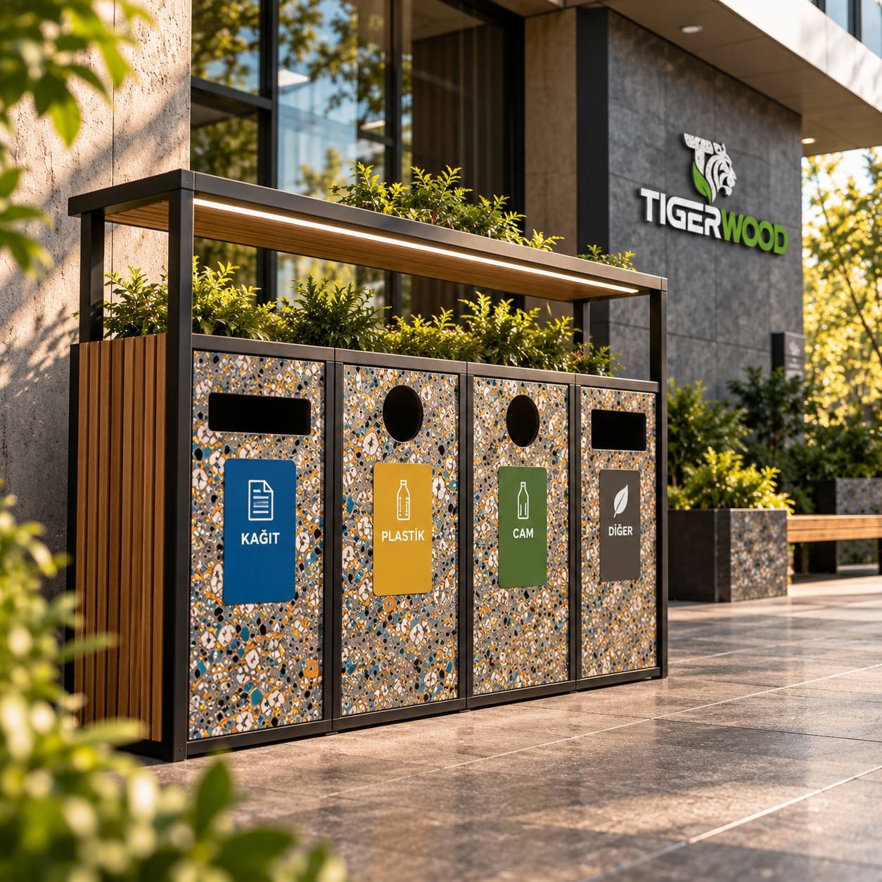 Kâğıt, plastik, cam ve diğer atıklar için dört bölmeli geri dönüşüm istasyonu