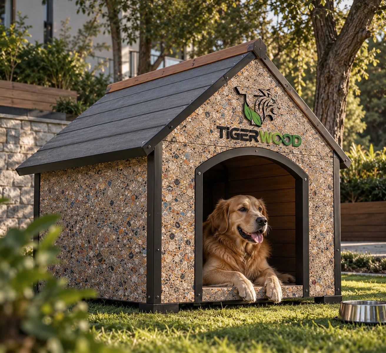 Bahçede TIGERWOOD kompozit panelden üretilmiş köpek kulübesi