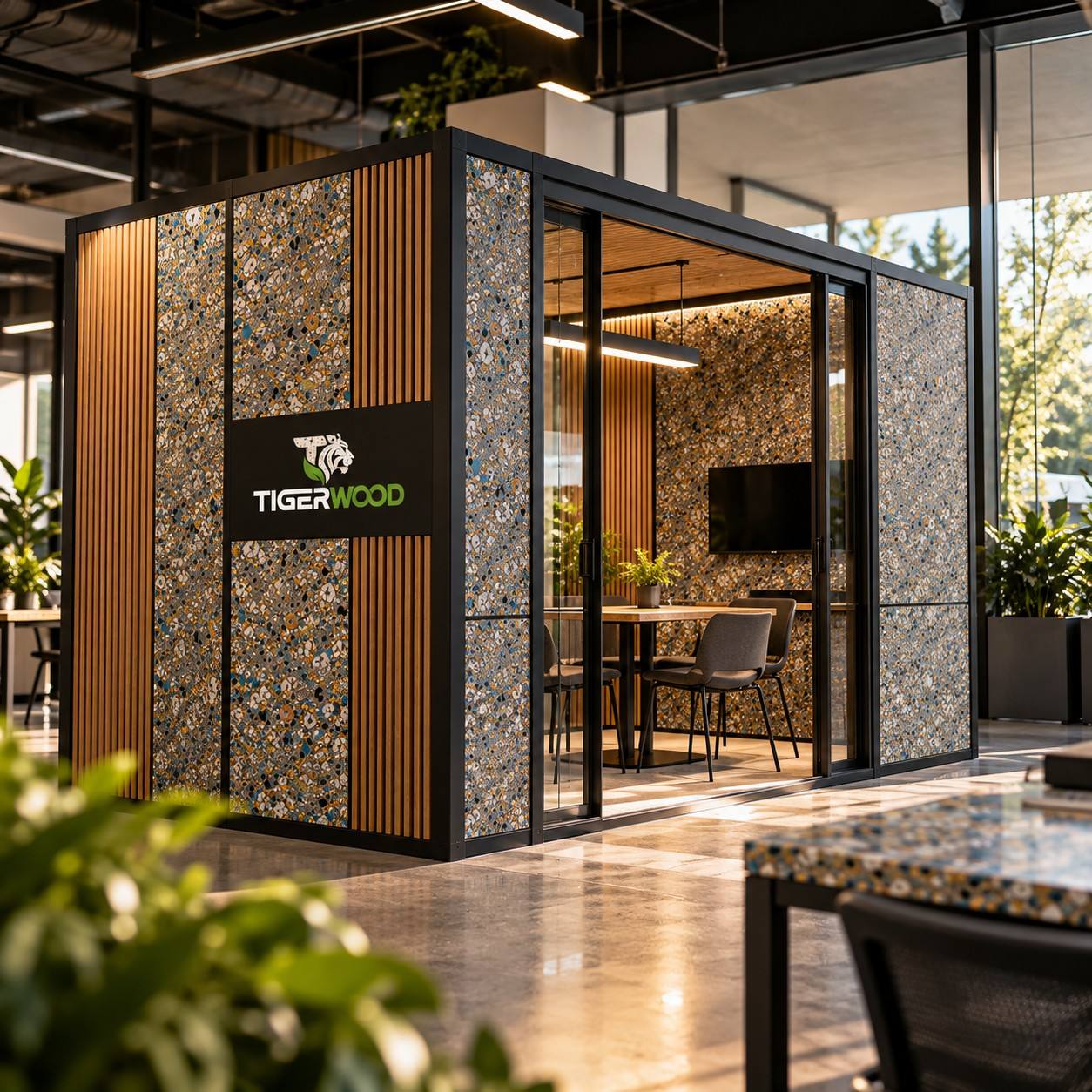 Kompozit panel ve ahşap çıtalarla tasarlanmış toplantı kabini