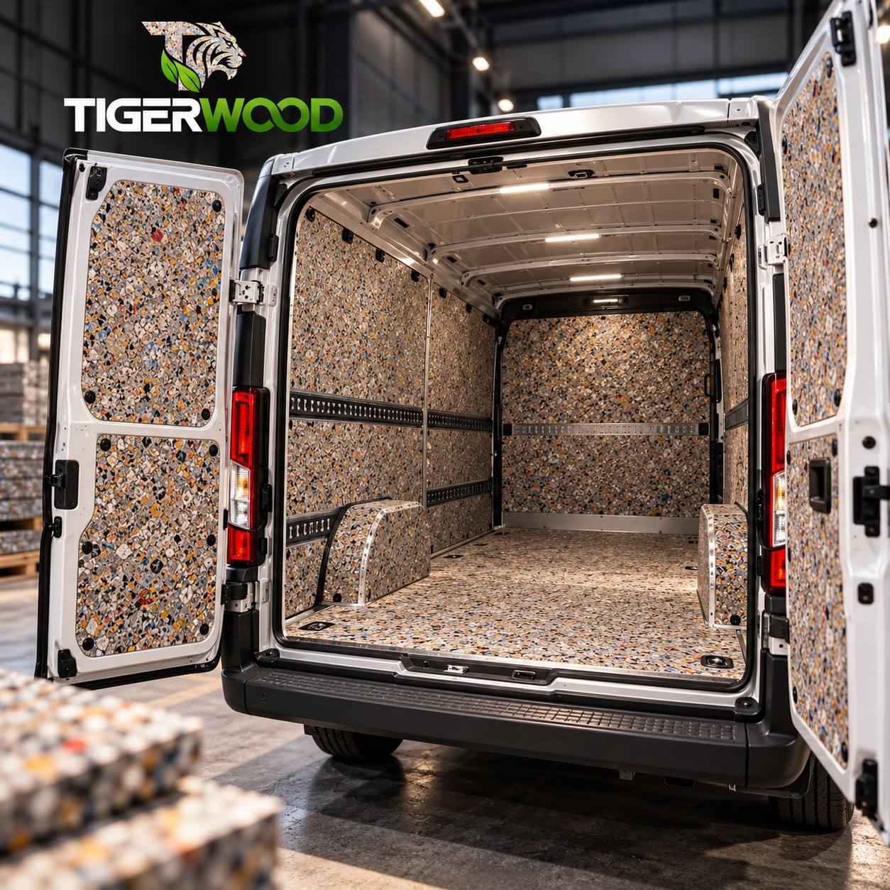 İç zemini ve duvarları TIGERWOOD paneliyle kaplanmış panelvan yük bölümü